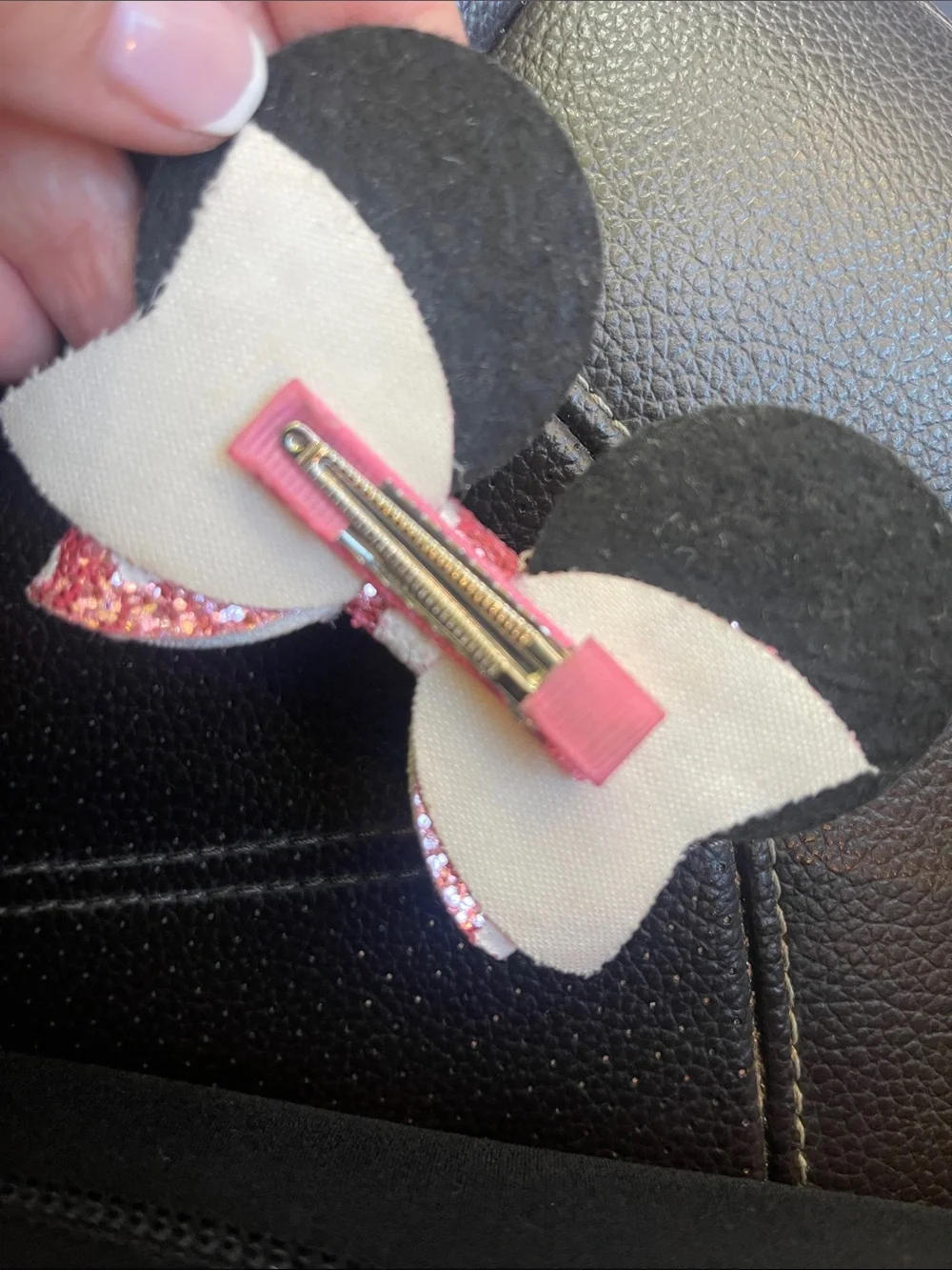 Kids Glitter Mouse Ear Hair Clip with Pink Polka Dot Bow